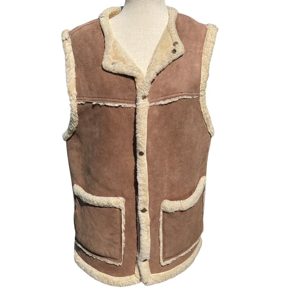 Vintage Handmade Suede Leather Sherpa-Lined Vest Snap Front Pockets
